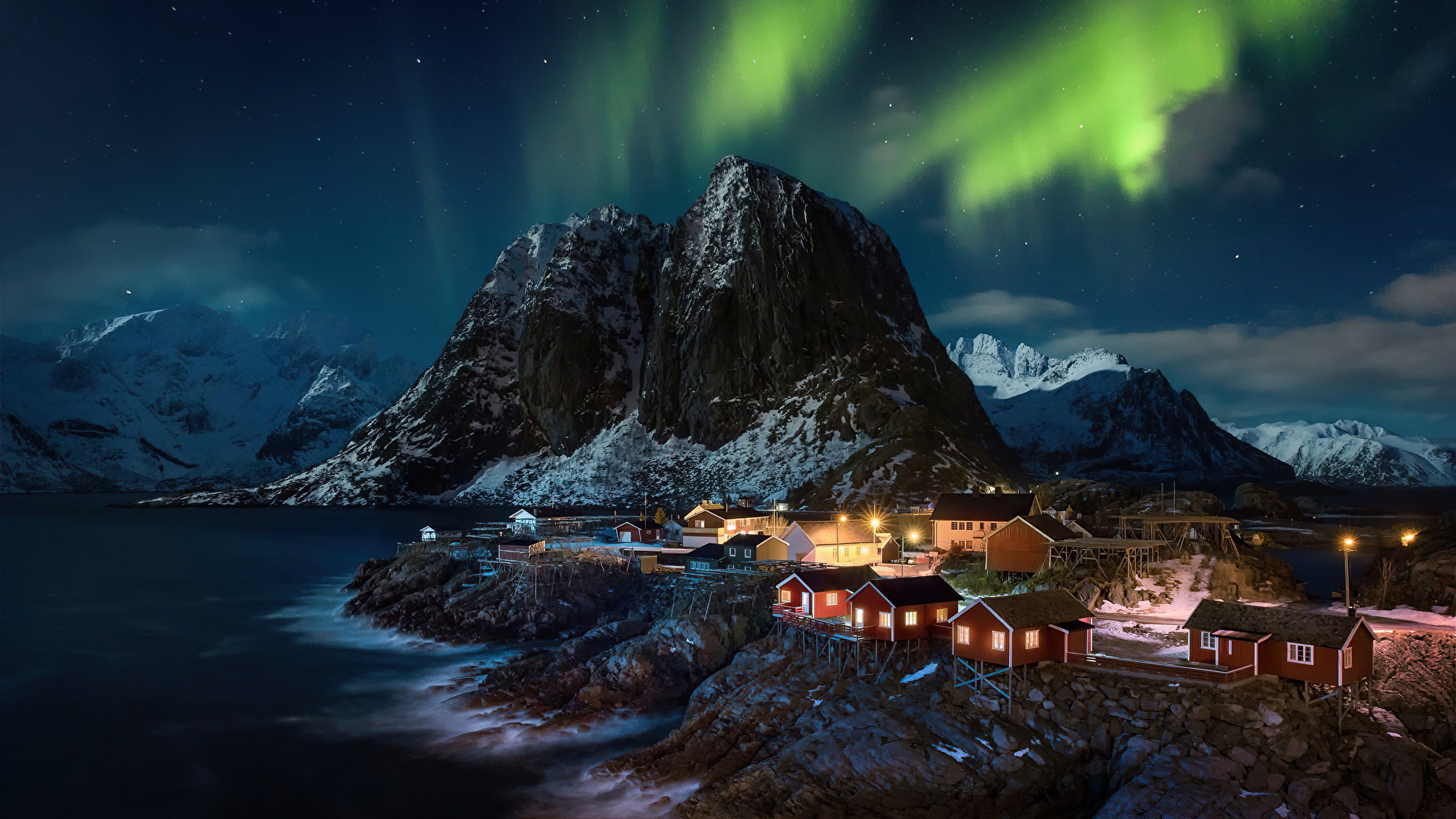 Lofoten Norway Village Aurora Northern Lights 4k Wallpaper HD Nature