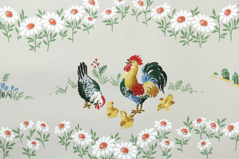 Vintage Wallpaper Hens Chicks And Rooster Novelty Kitchen
