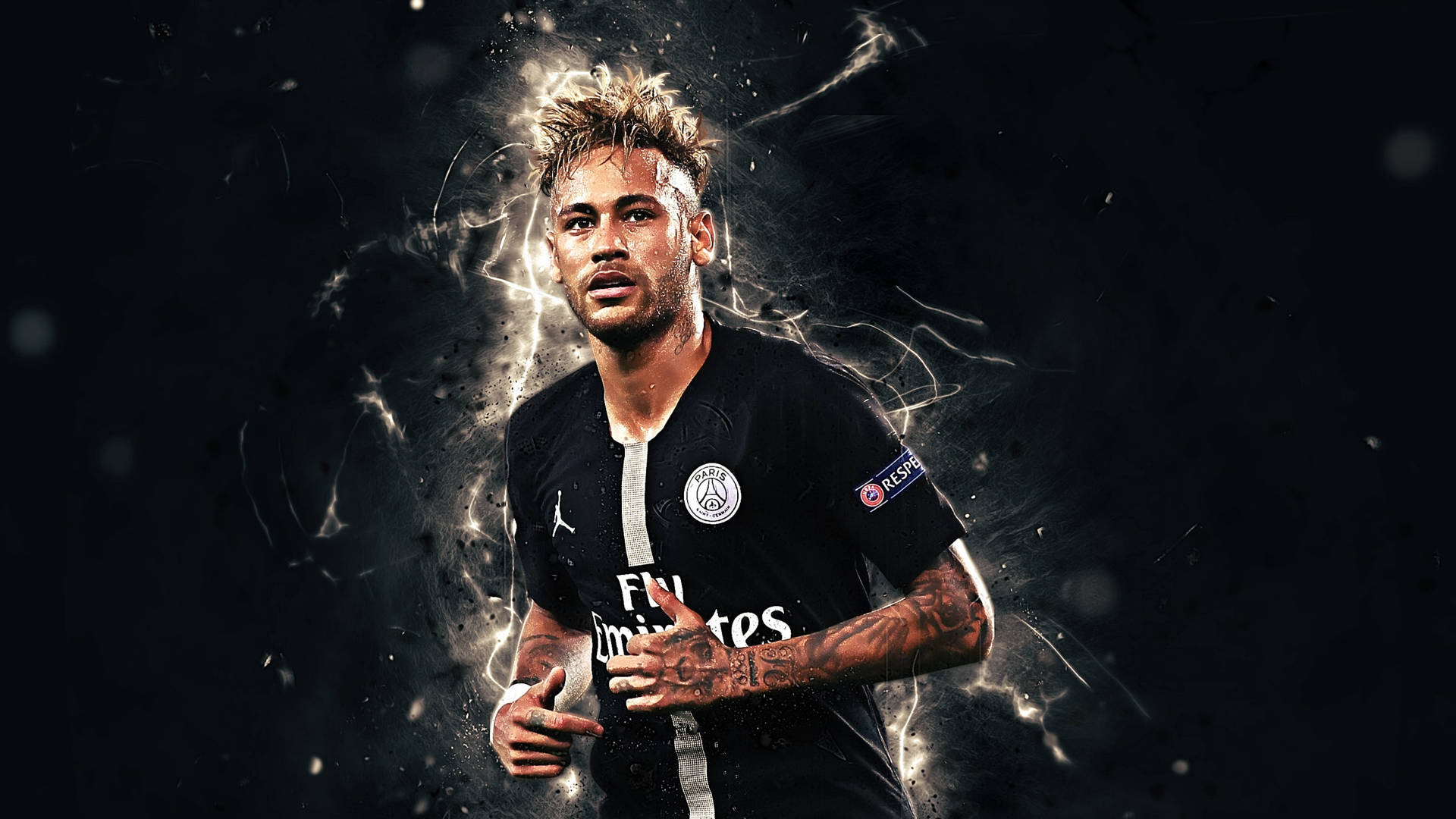 Neymar Jr. in a Paris Saint-Germain jersey, dynamic action shot with electrifying background