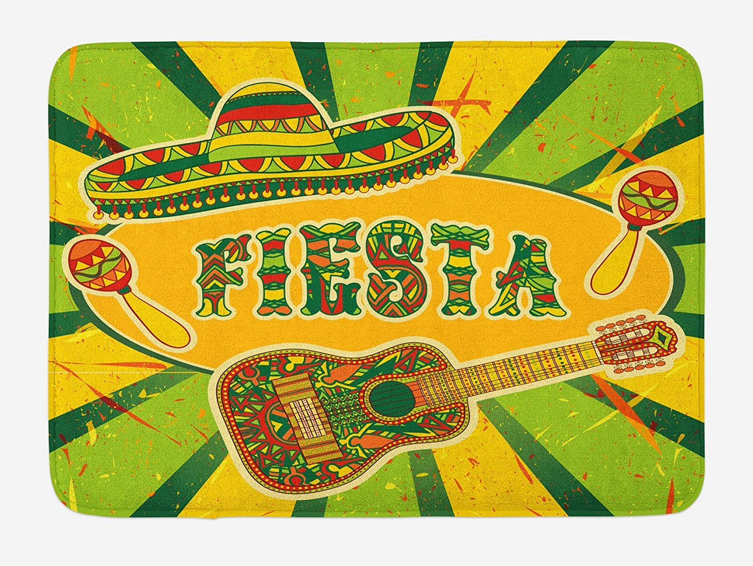 Fiesta Bath Mat Colorful Latino Elements Sombrero Maracas Guitar