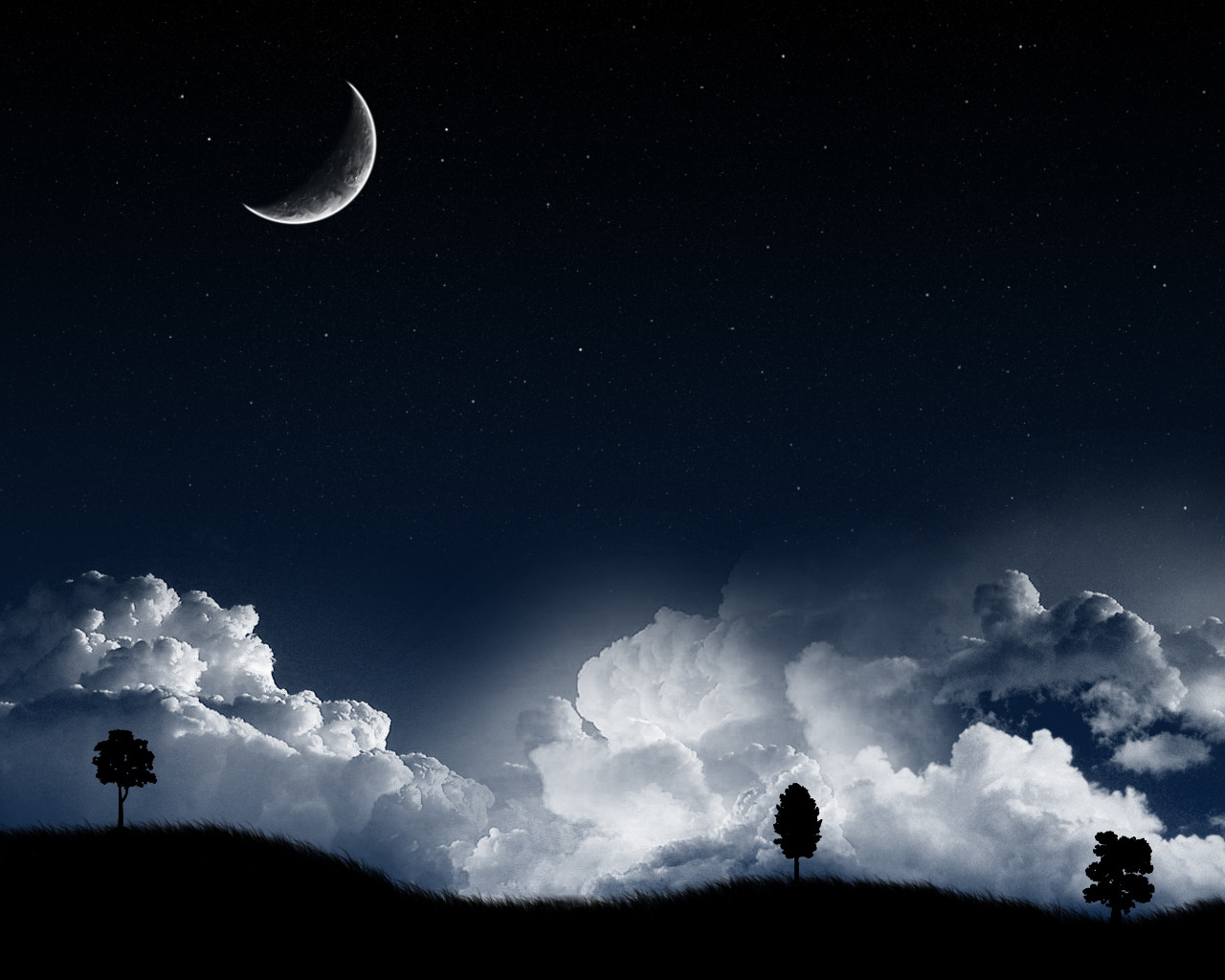 Landscape Night Moon Clouds Stars Wallpaper HD