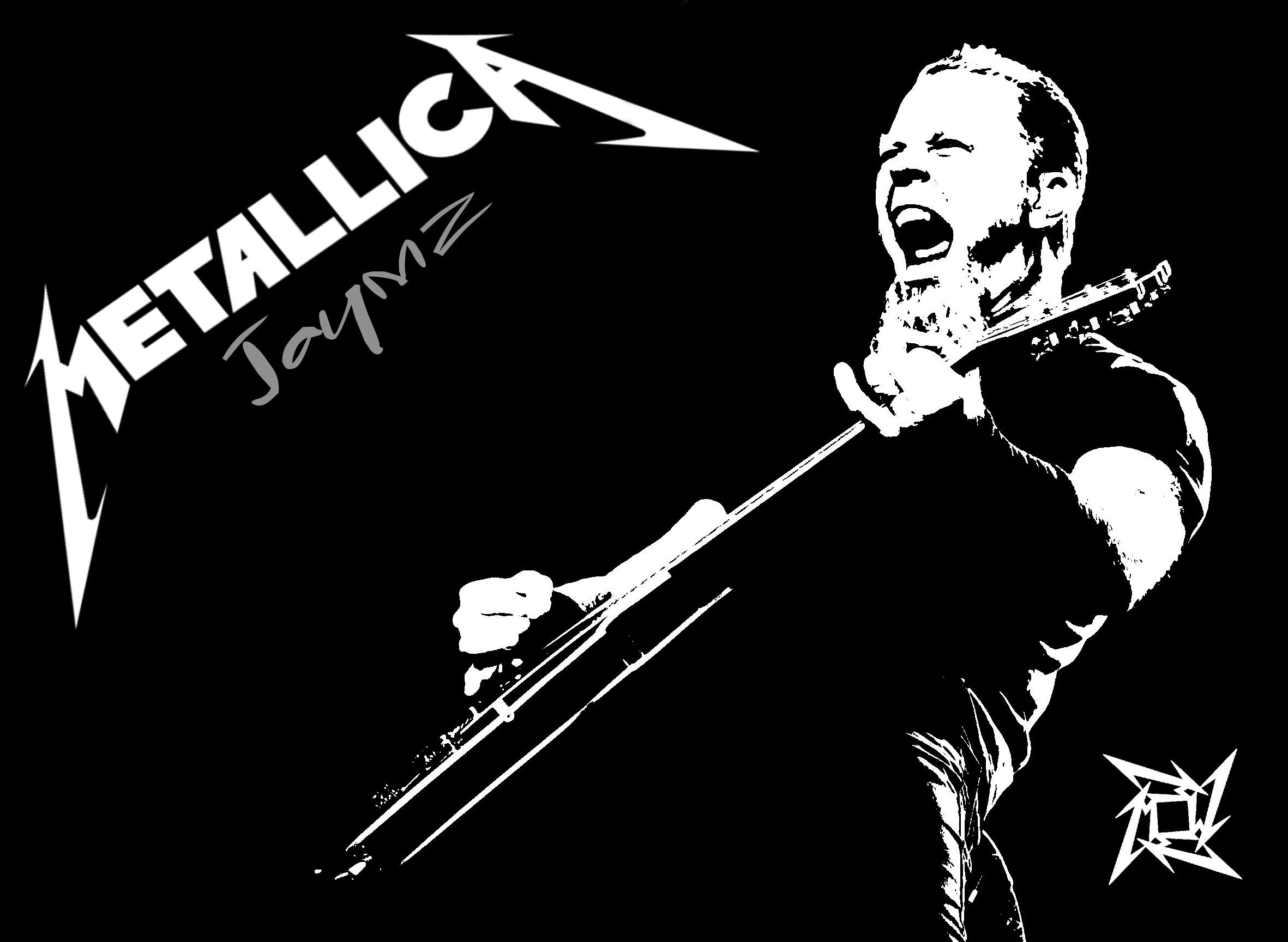 Black and white image of James Hetfield from Metallica playing guitar on stage