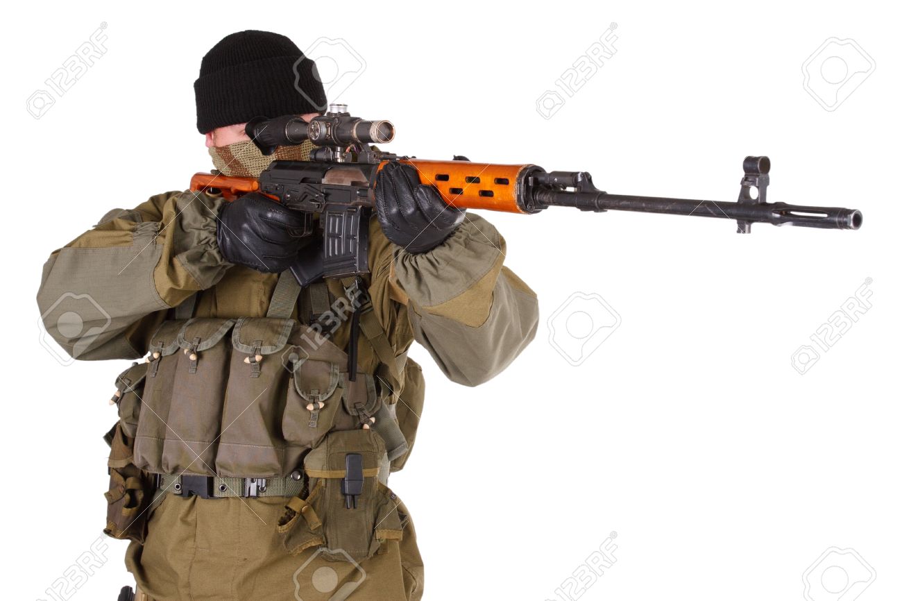 Mercenary Sniper With SVD Rifle Isolated On White Background Stock