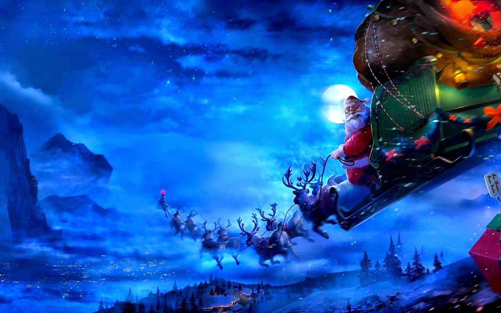 Santa Claus flying his sleigh with reindeer on Christmas Eve, delivering presents against a backdrop of a full moon and a snowy landscape