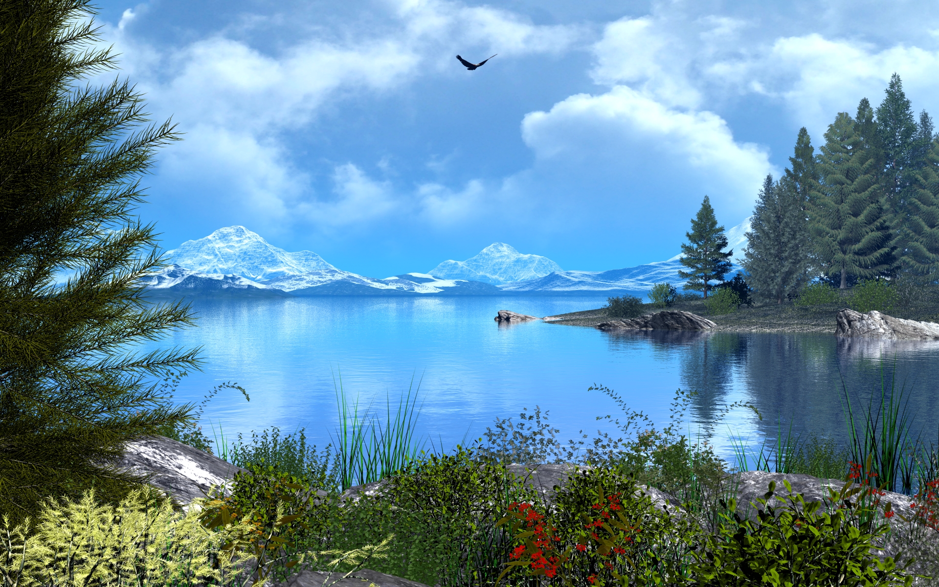 Beautiful Lake under White Clouds desktop wallpaper WallpaperPixel