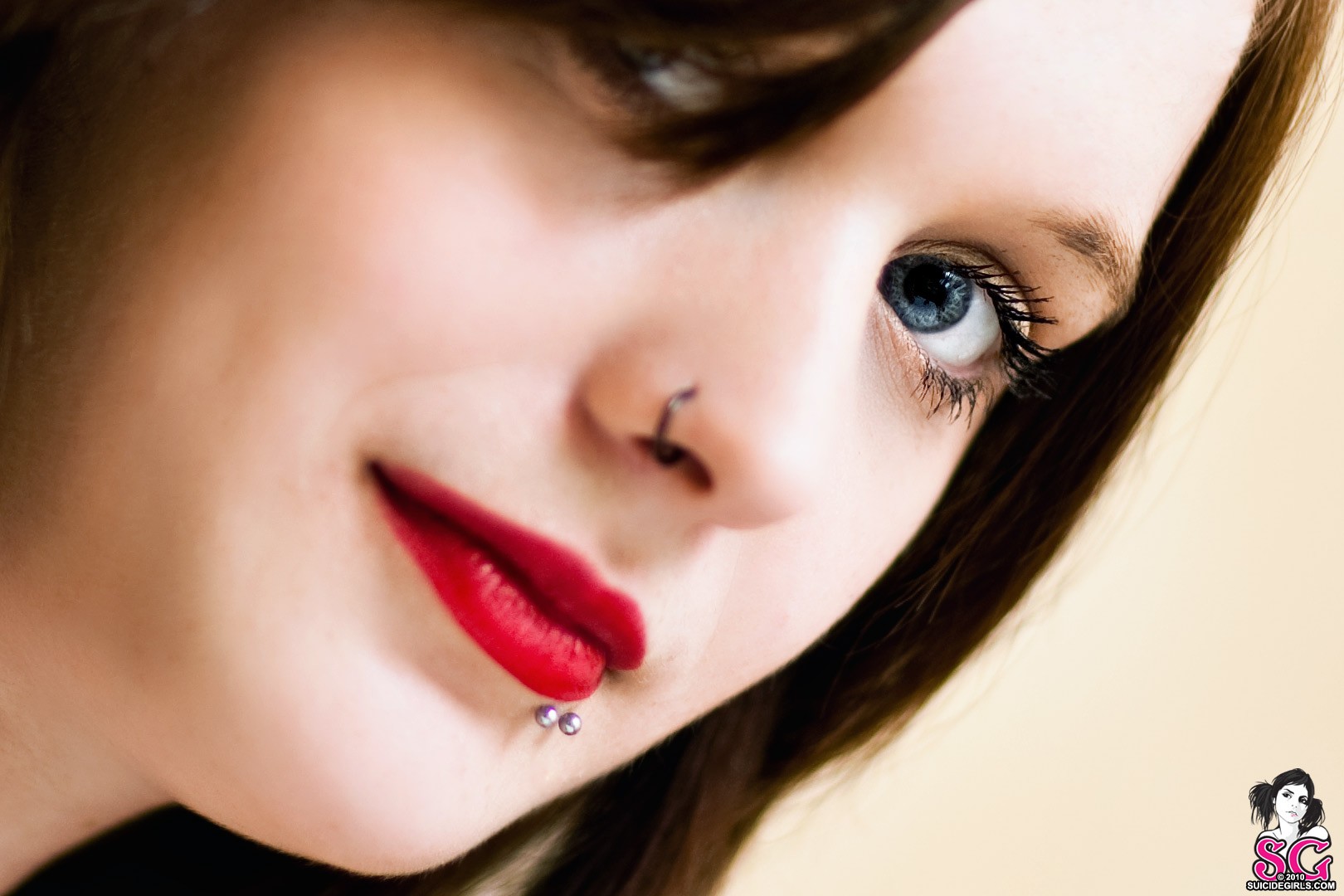 Suicide Girls Red Lipstick Piercing Blue Eyes Wallpaper Nose