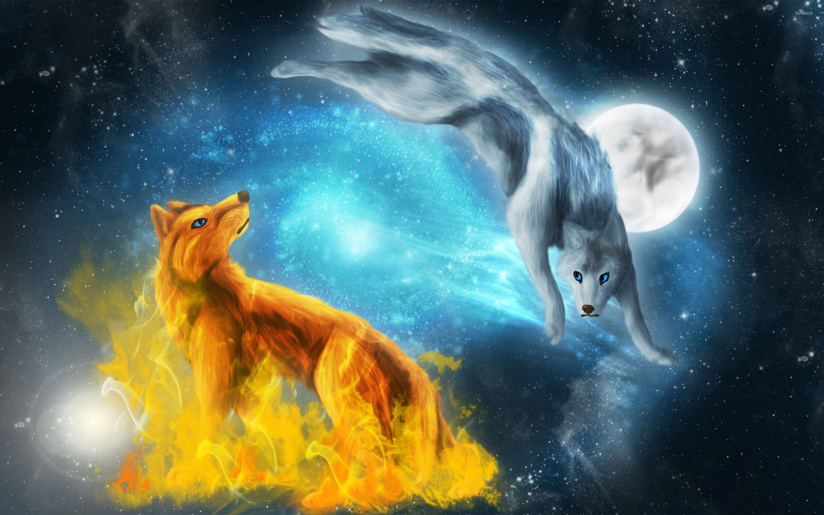 Fire And Ice Wolves Wallpaper Fantasy