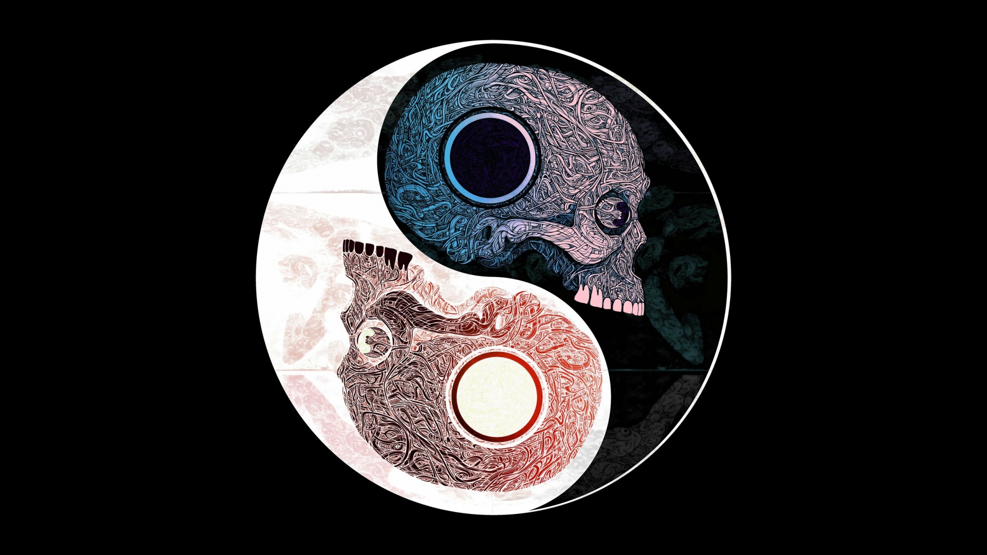 Skulls yin yang symbol pattern art on black backgroundjpg