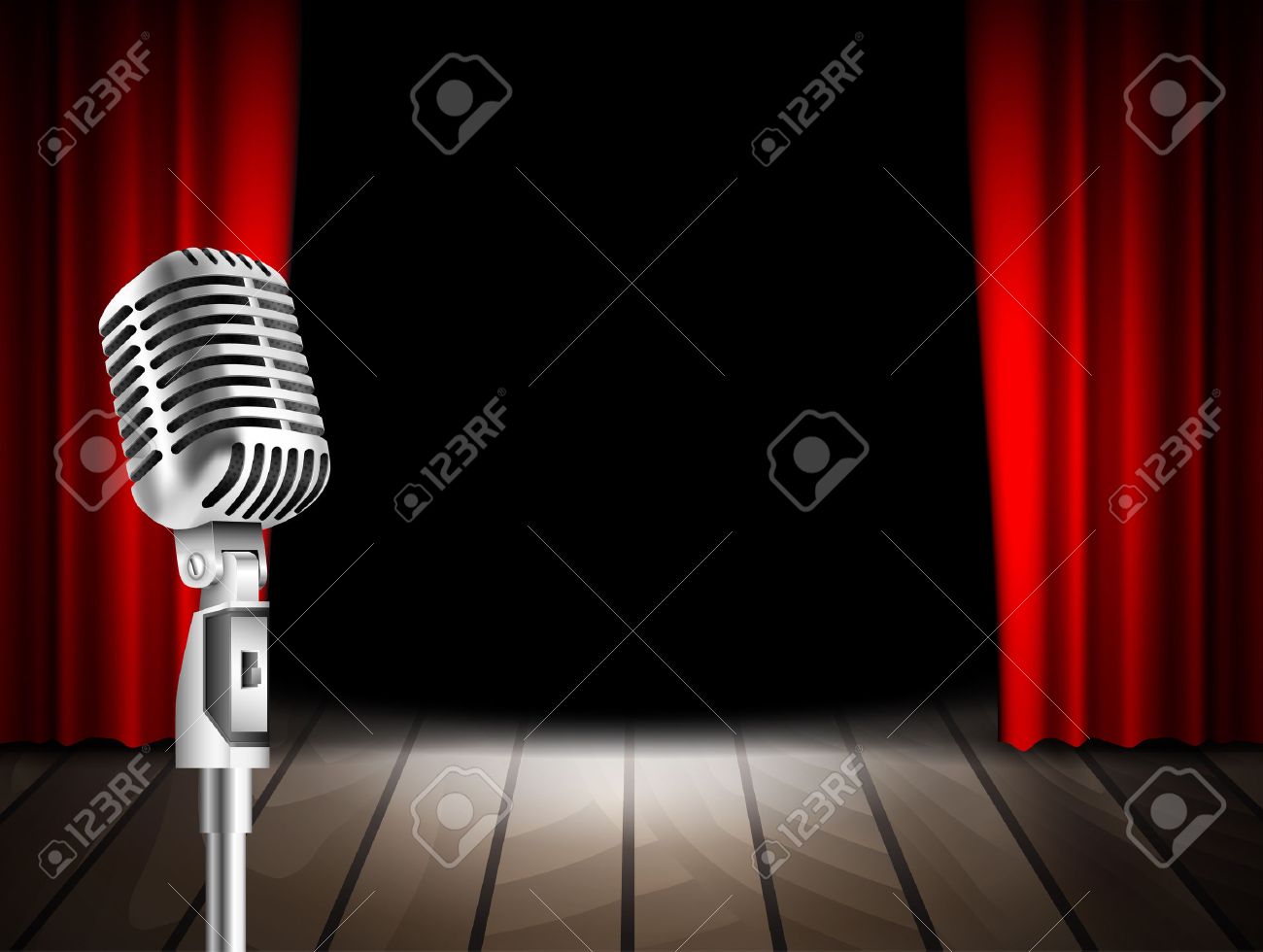 Vintage Microphone And Red Curtain Realistic Background As Stage