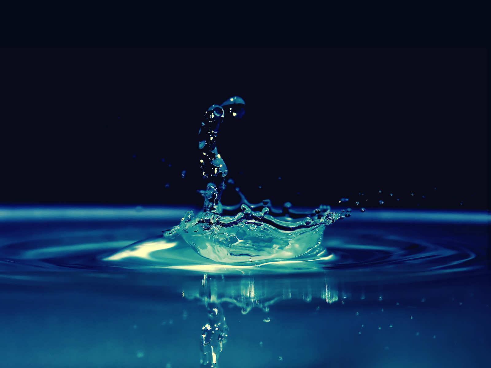 Close-up of a water droplet splashing into a dark blue pool, creating ripples and a crown-like splash