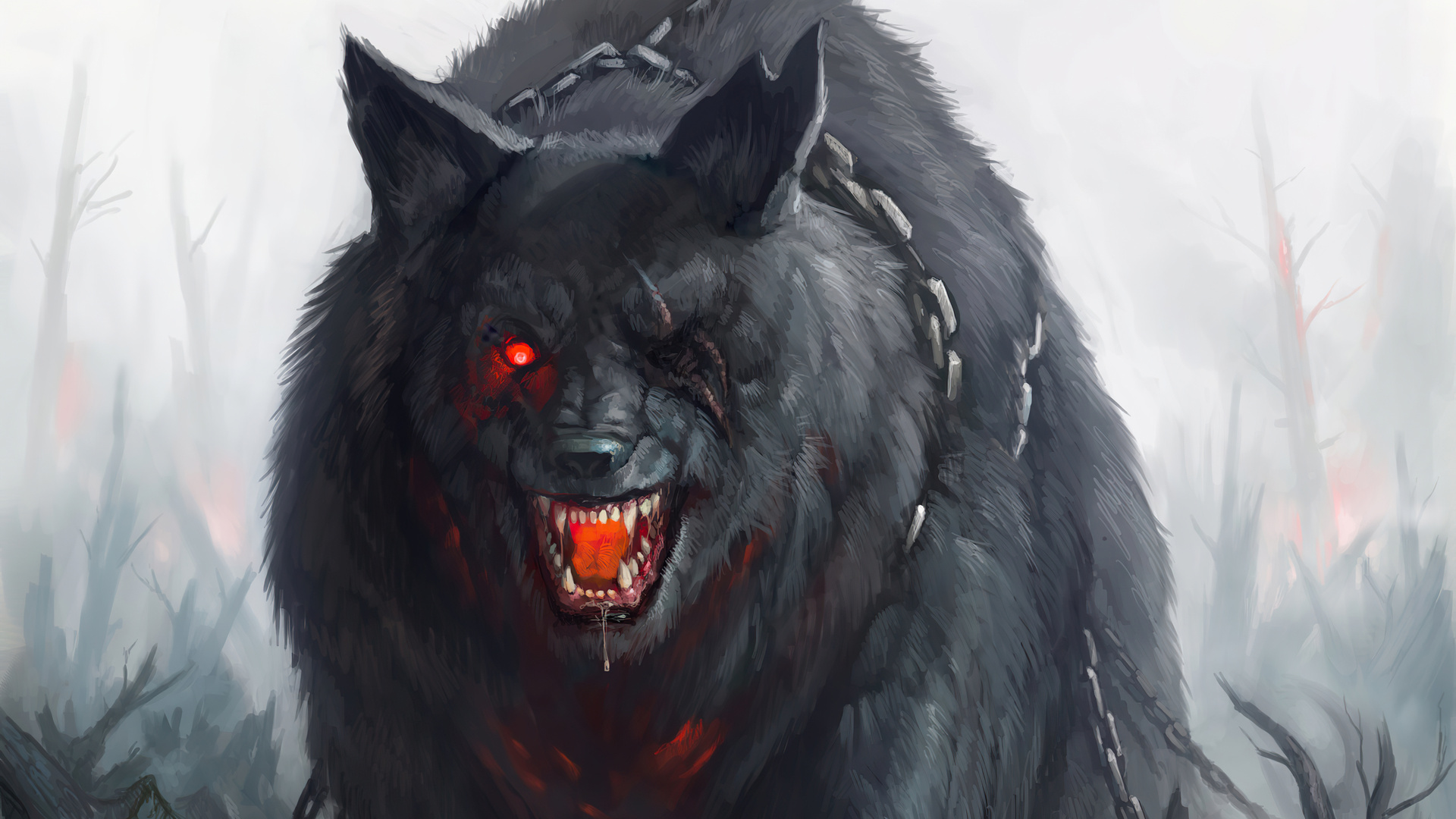 A menacing black wolf with glowing red eyes and a scarred face, chained and snarling in a misty forest