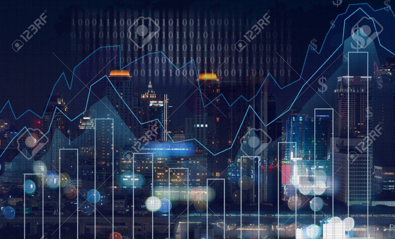 Trading Graph On The Cityscape At Night And World Map Background