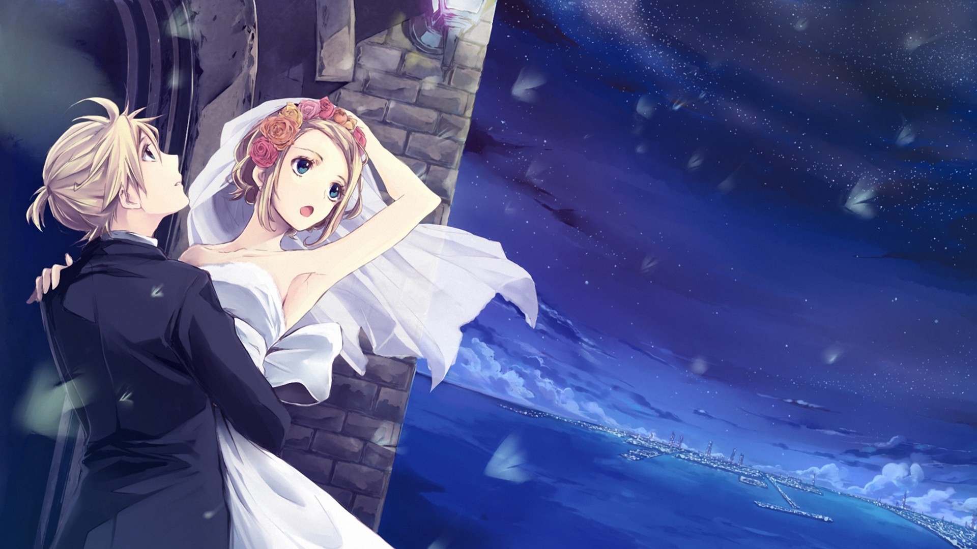 Full HD Wallpaper Dress Bride Couple Embrace Night