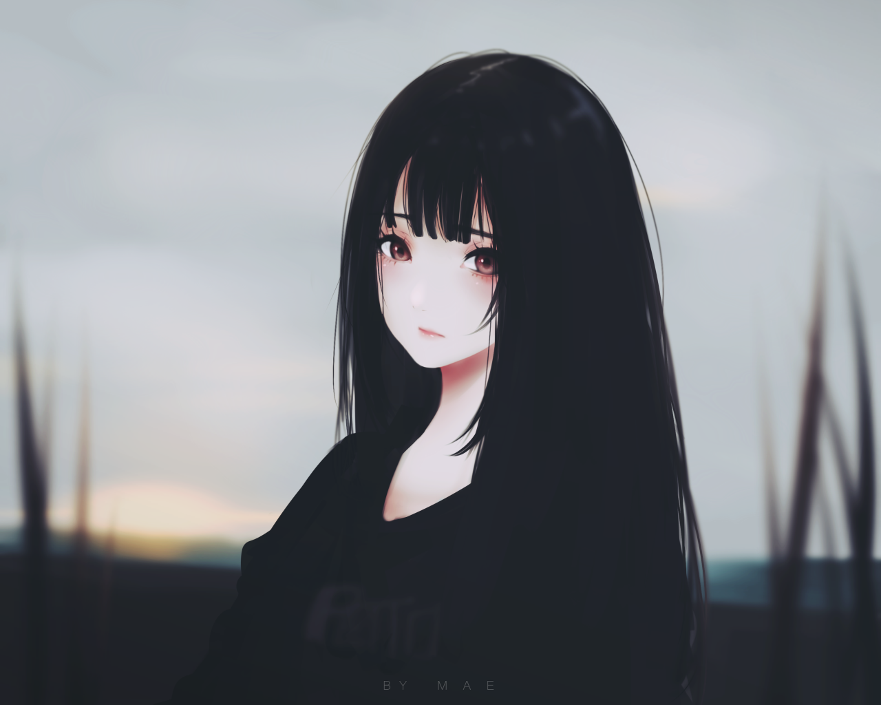 Anime Girl Black Hair Sad Expression Semi Realistic Long