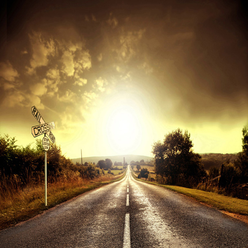 Cross Road Sign High Way Sunset Scene Outdoor Background