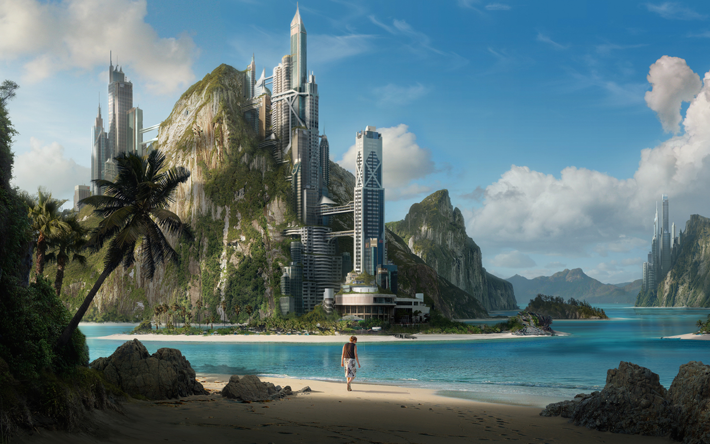 Sci Fi City Resort Tree Sea Palm Tower Beach Man Building