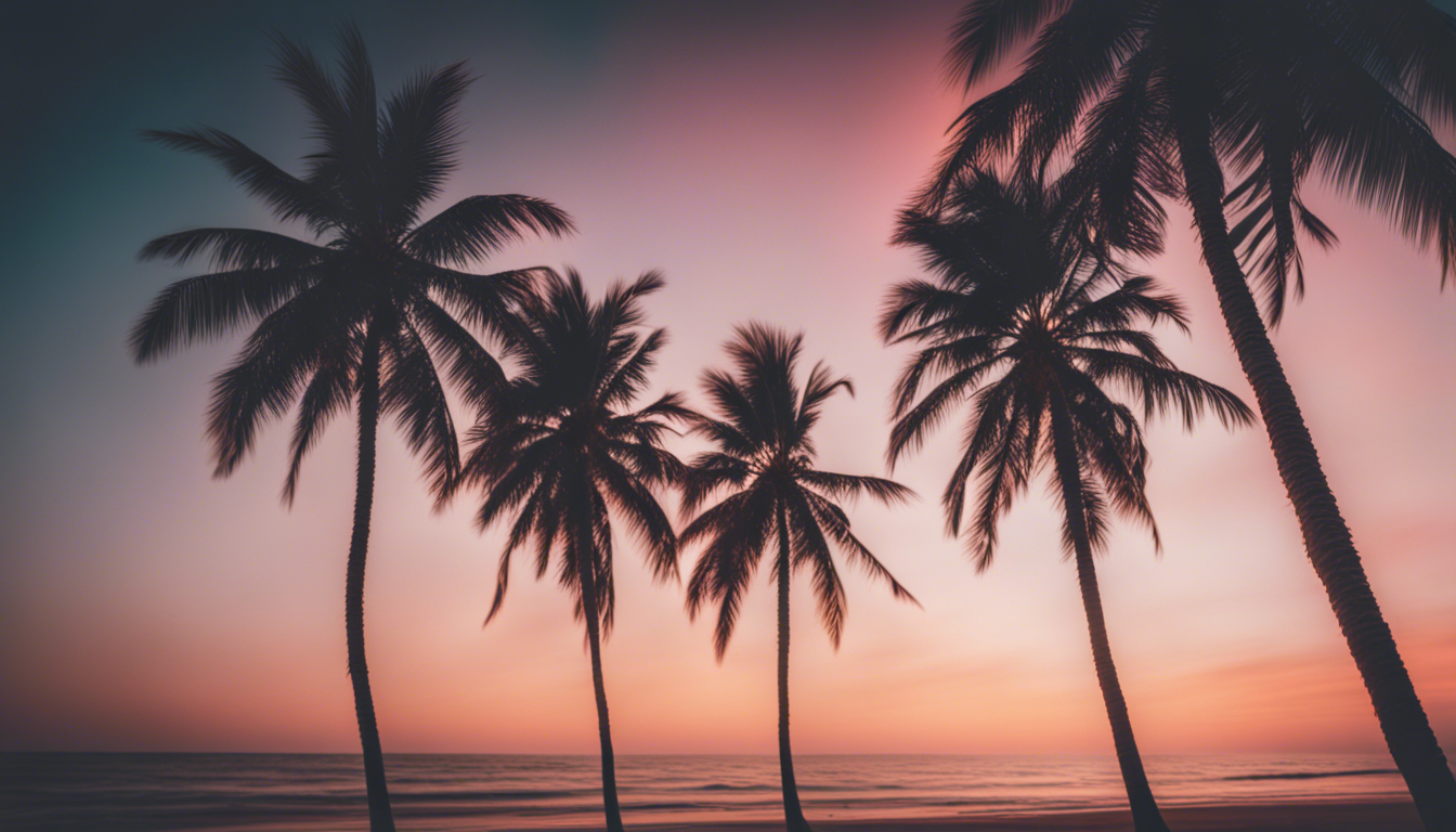 A Stunning HD Wallpaper Inspired By The Vibrant Colors And Relaxing Vibes Of Summer Featuring Palm Trees Swaying In Gentle Breeze Against Backdrop Picturesque Beach Sunset