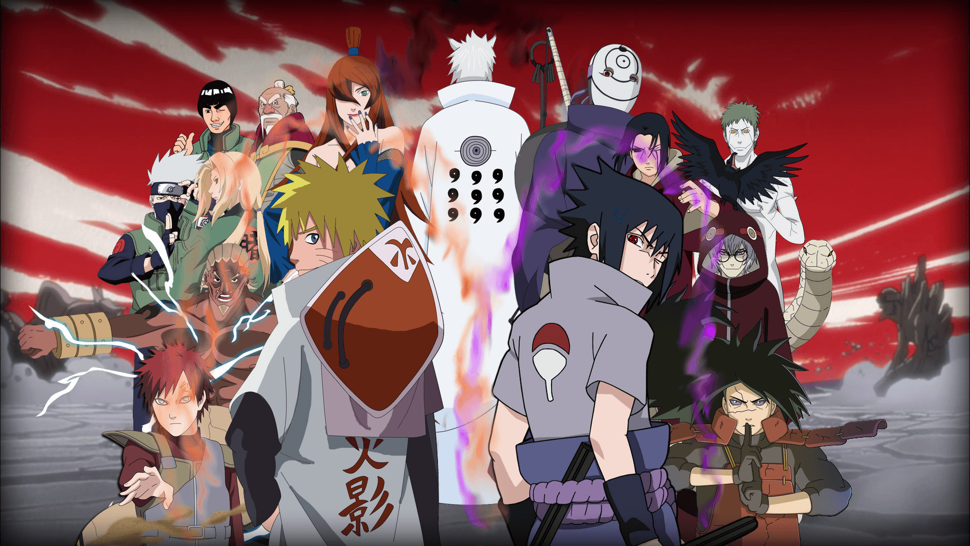 A collage of Naruto Shippuden characters, featuring Naruto, Sasuke, Sakura, Kakashi, and other prominent figures from the anime series, set against a dramatic red and grey backdrop