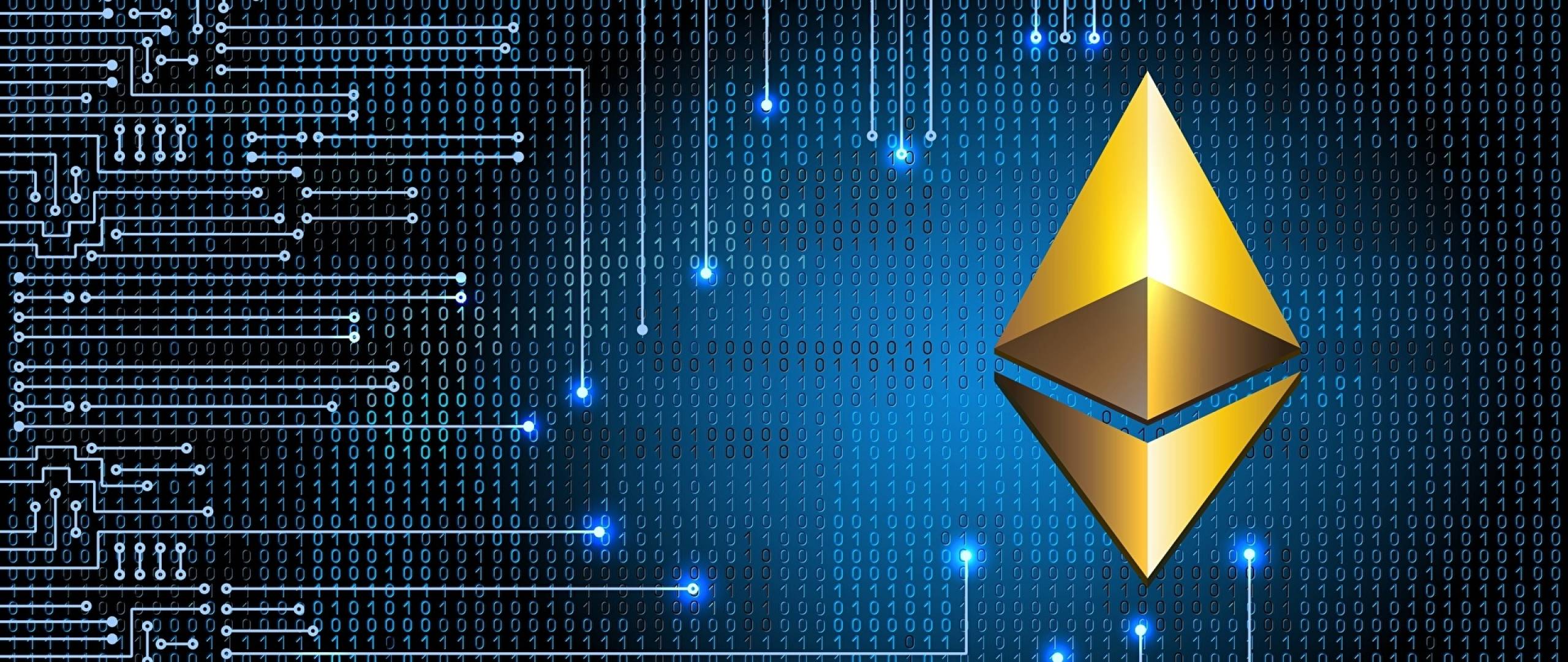 Ethereum logo against a background of binary code and circuit board lines, representing the cryptocurrency's digital and technological nature