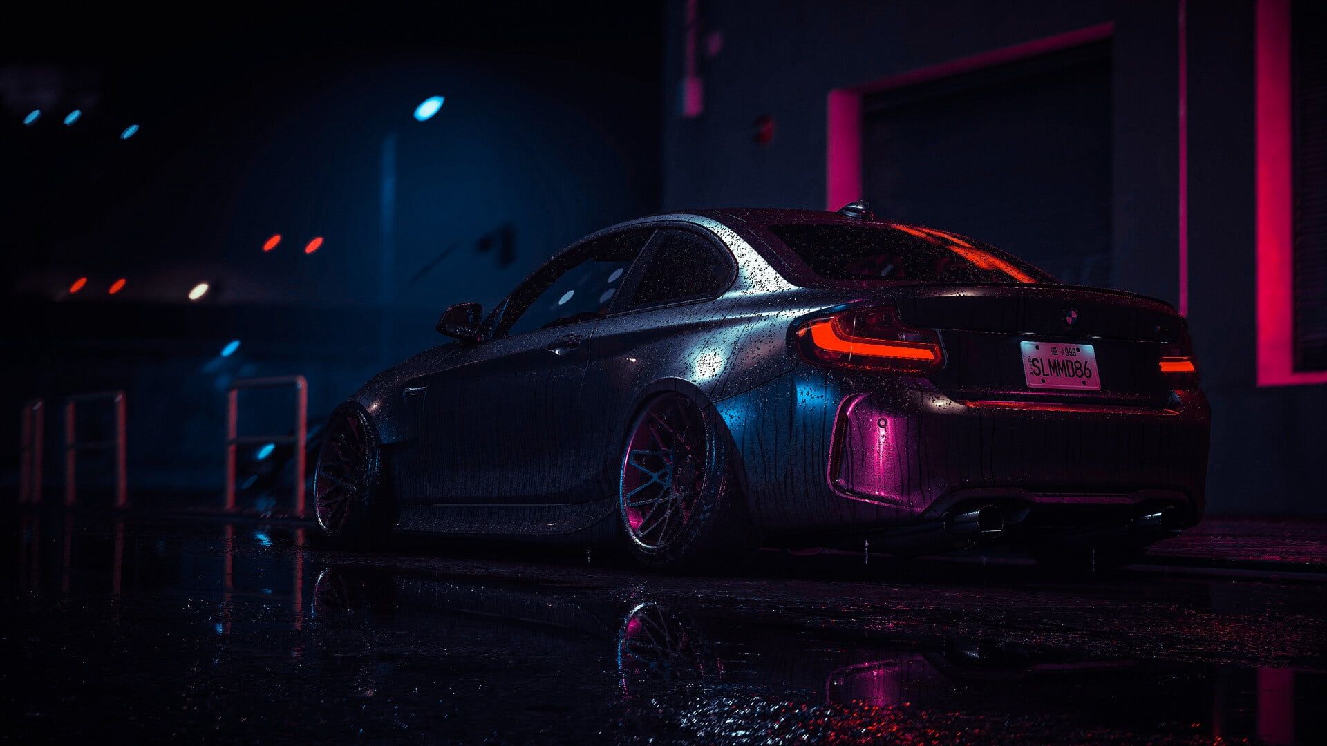 A sleek, wet BMW M2 Coupe parked in a neon-lit urban setting at night, reflecting in the rain-slicked ground