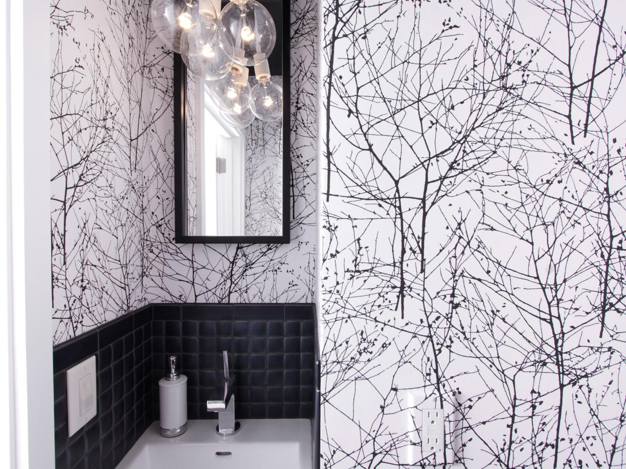 And White Powder Room With Bold Wallpaper Tree Patterned