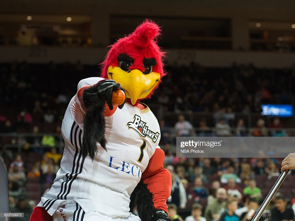 Clutch The Mascot Of Erie Bayhawks Points At Camera