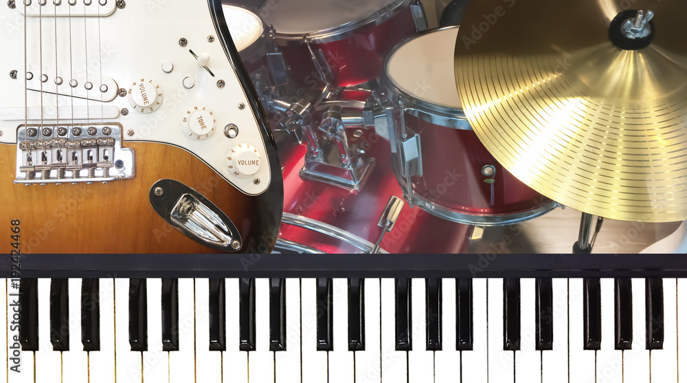 Piano Keyboard Electric Guitar And Golden Cymbal Music