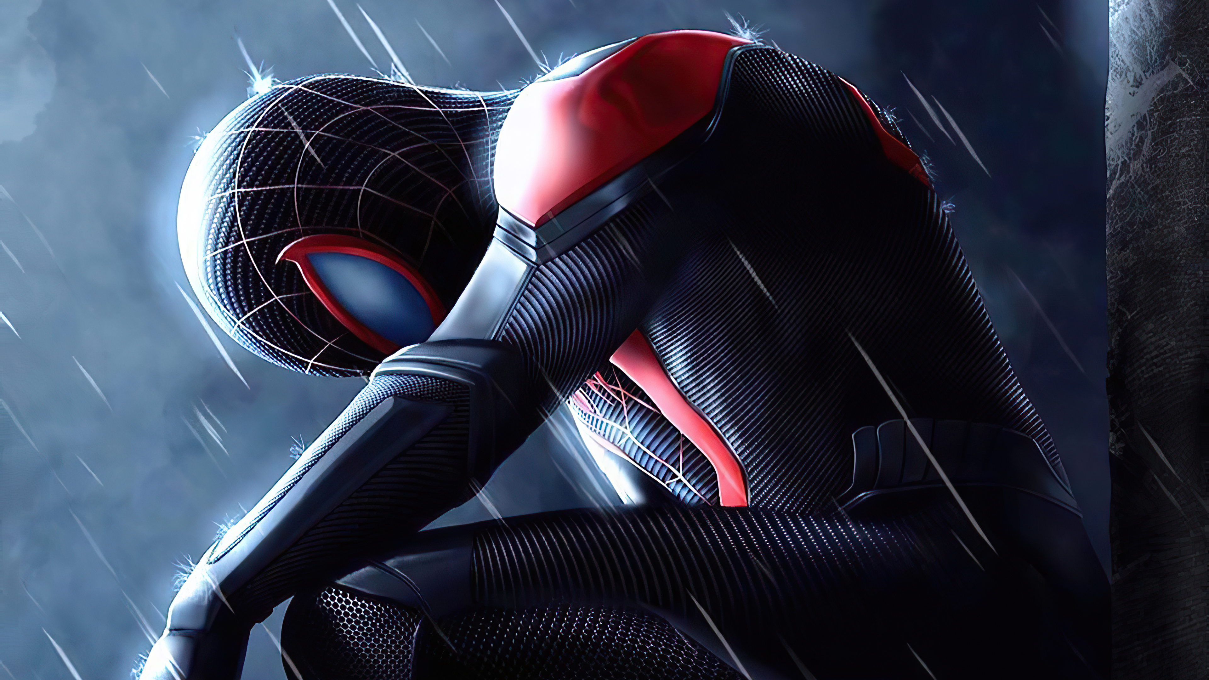 A 4k wallpaper of a futuristic Spider-Man crouching in the rain, conveying a sense of contemplation or sadness