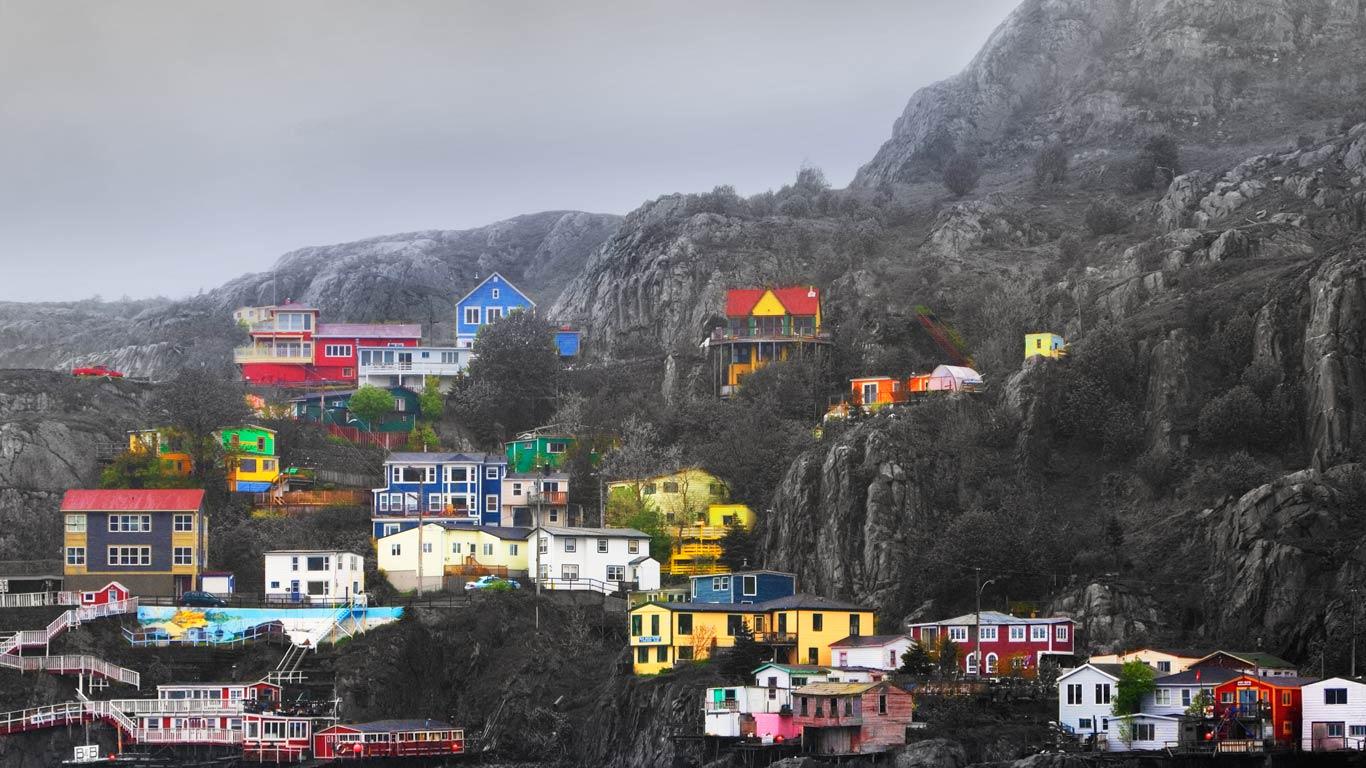 Multi Colored Homes Along Shoreline Of St John S Newfoundland And