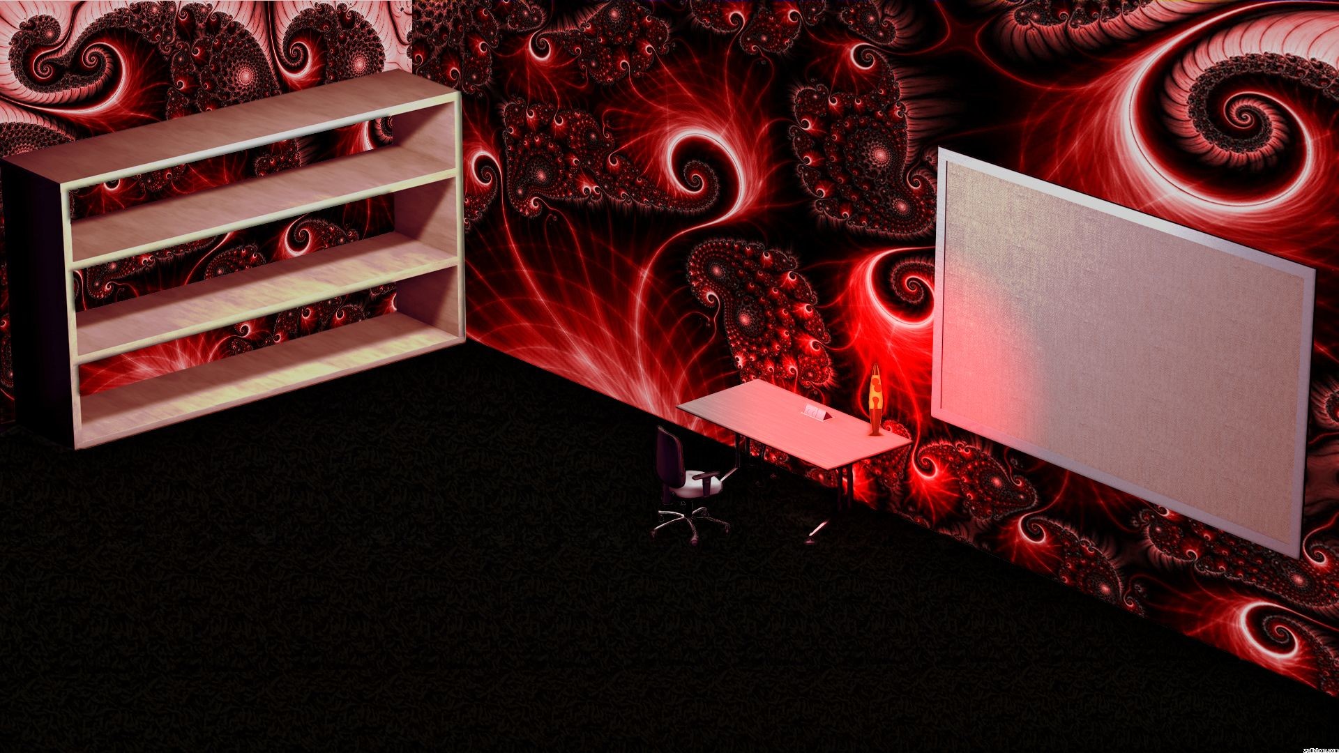 3D rendered room with a wooden shelf, a desk, a chair, and a blank whiteboard against a vibrant red fractal wallpaper