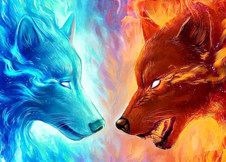 A Fire And Ice Wolf Emerges From Glowing Background Wallpaper