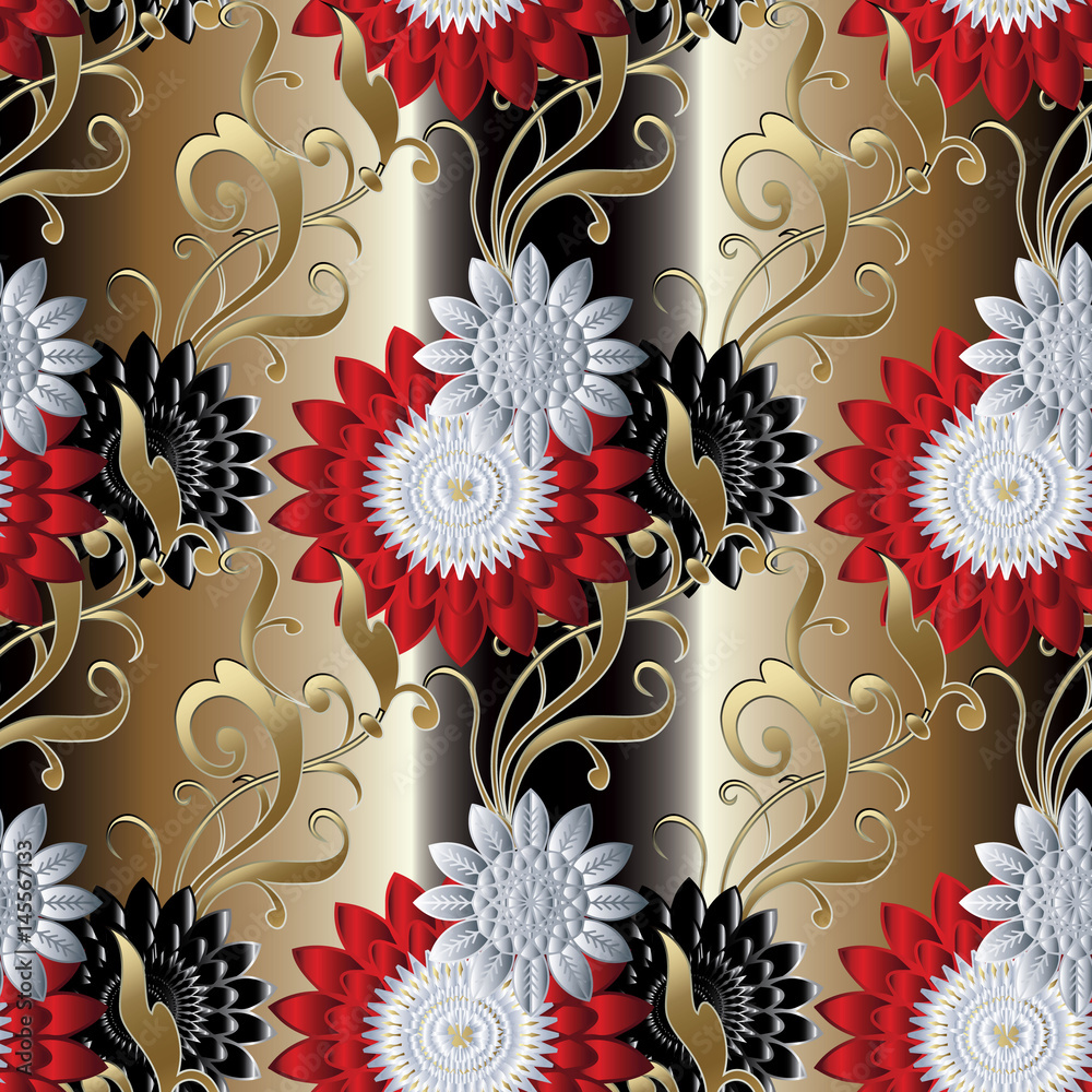 Floral Seamless Pattern Gold Striped Flourish Background