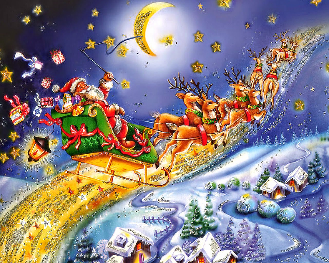 Santa Claus Ing To Town Riding His Reindeer Sleigh Flying In
