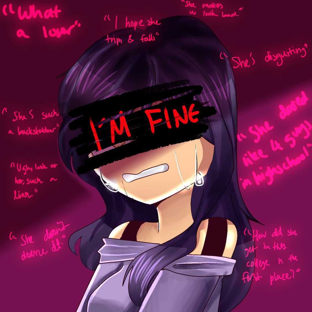 A stylized drawing of a person with purple hair crying, with text around them expressing negative thoughts and insults