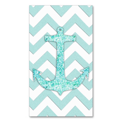 Glitter Nautical Anchor Teal Blue Chevron Pattern Business Card