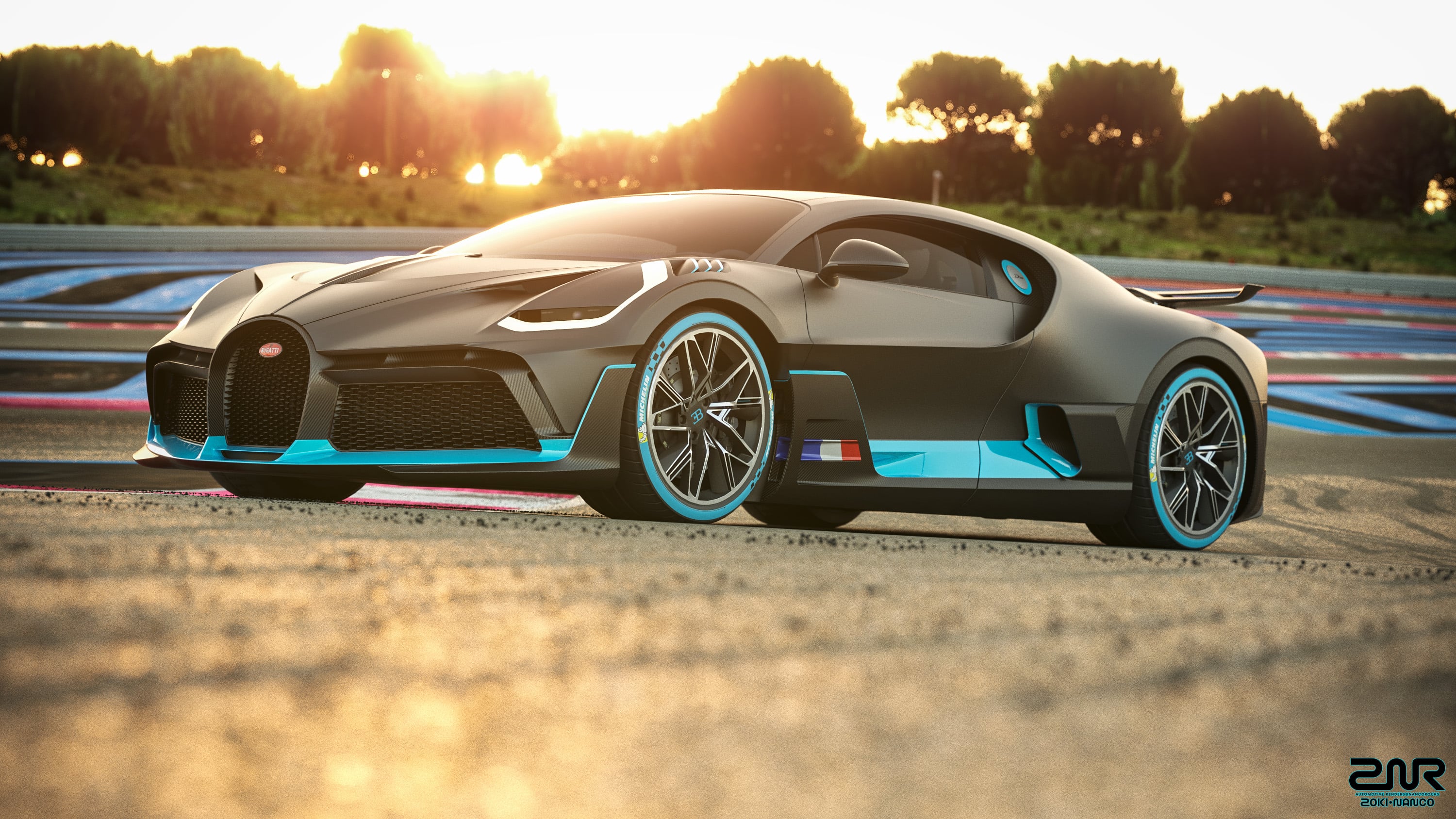 A sleek, black Bugatti sports car with light blue accents, parked on a race track at sunset