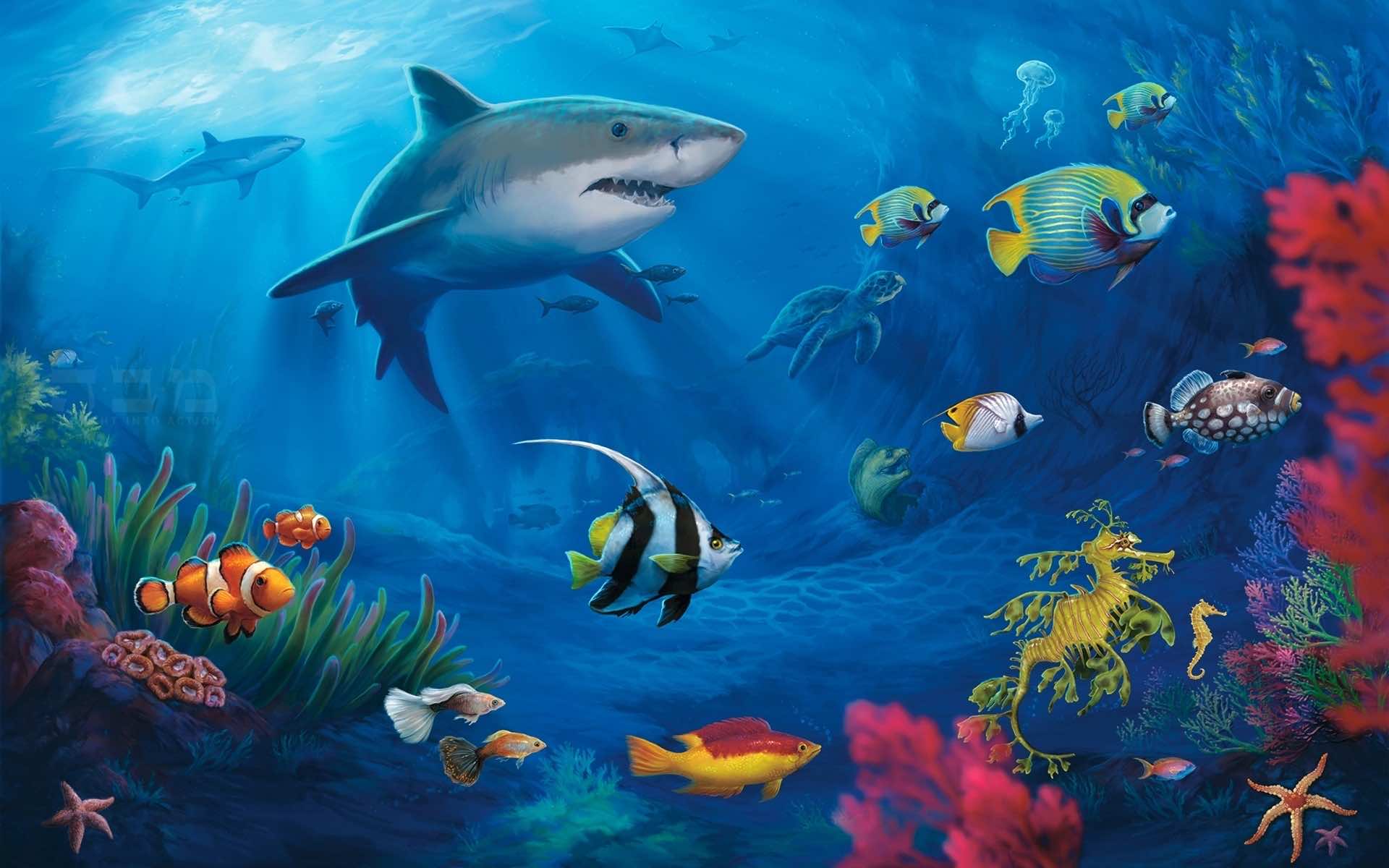 Vibrant 4K underwater scene teeming with marine life, featuring a majestic shark, colorful fish, a sea turtle, and a leafy seadragon