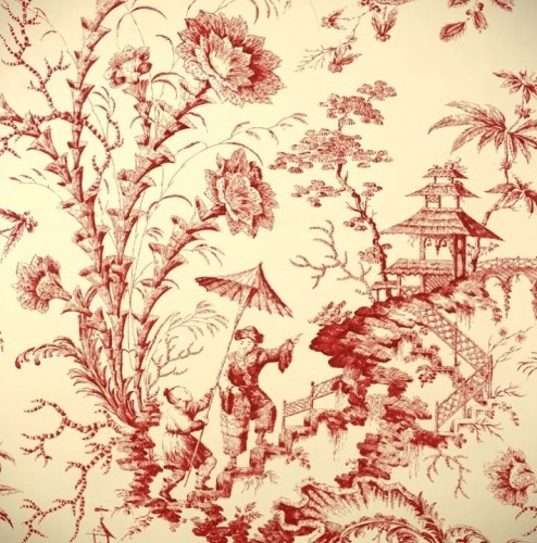 Scalamandre Pillement toile wallpaper fabric   in linen or silk red 494x500