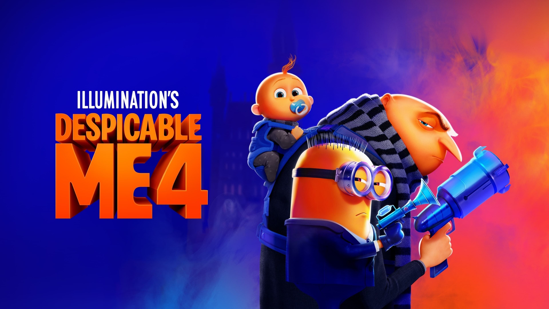 Promotional poster for Despicable Me 4 featuring Gru, a Minion, and a baby