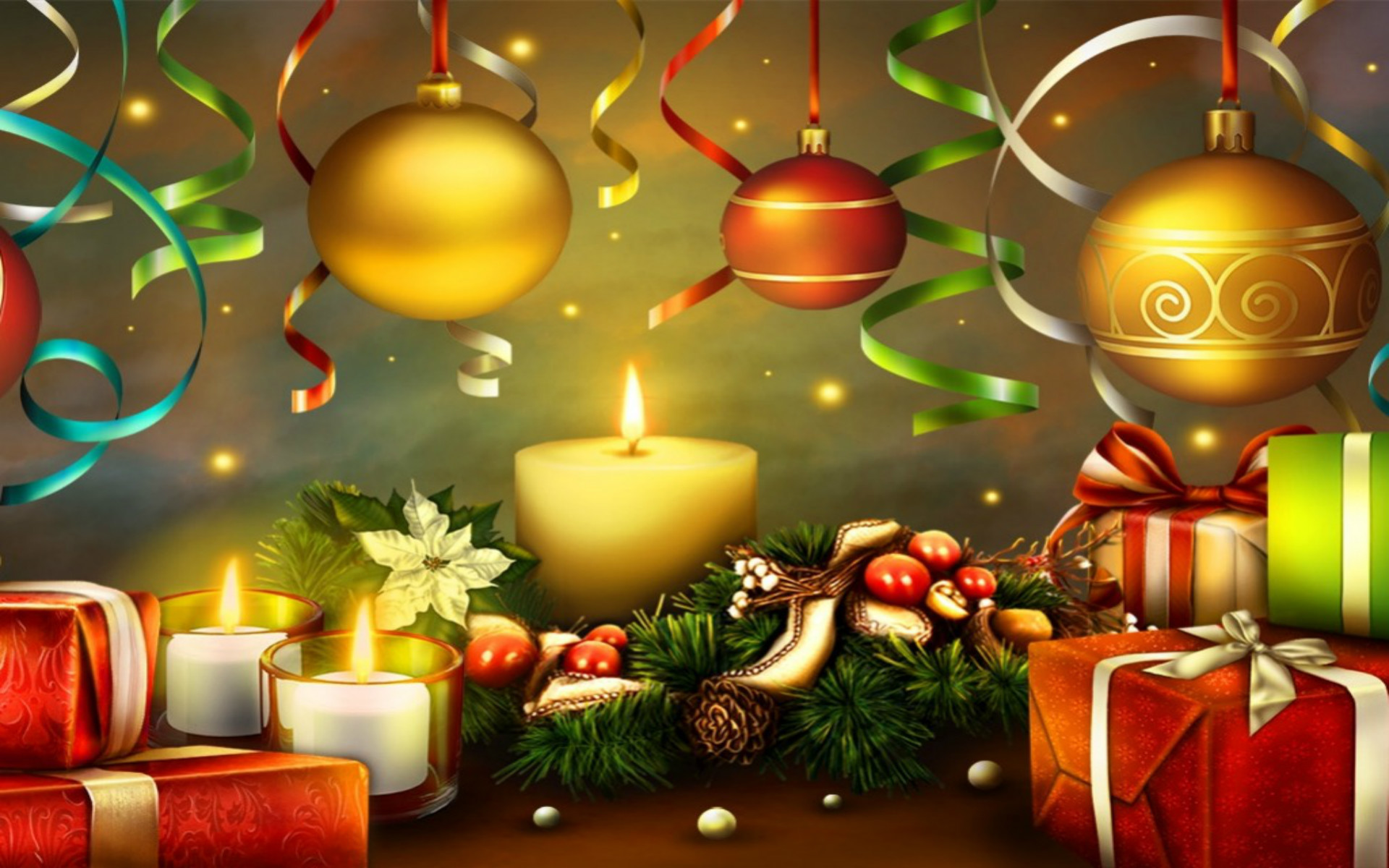 A festive Christmas scene with ornaments, candles, presents, and ribbons