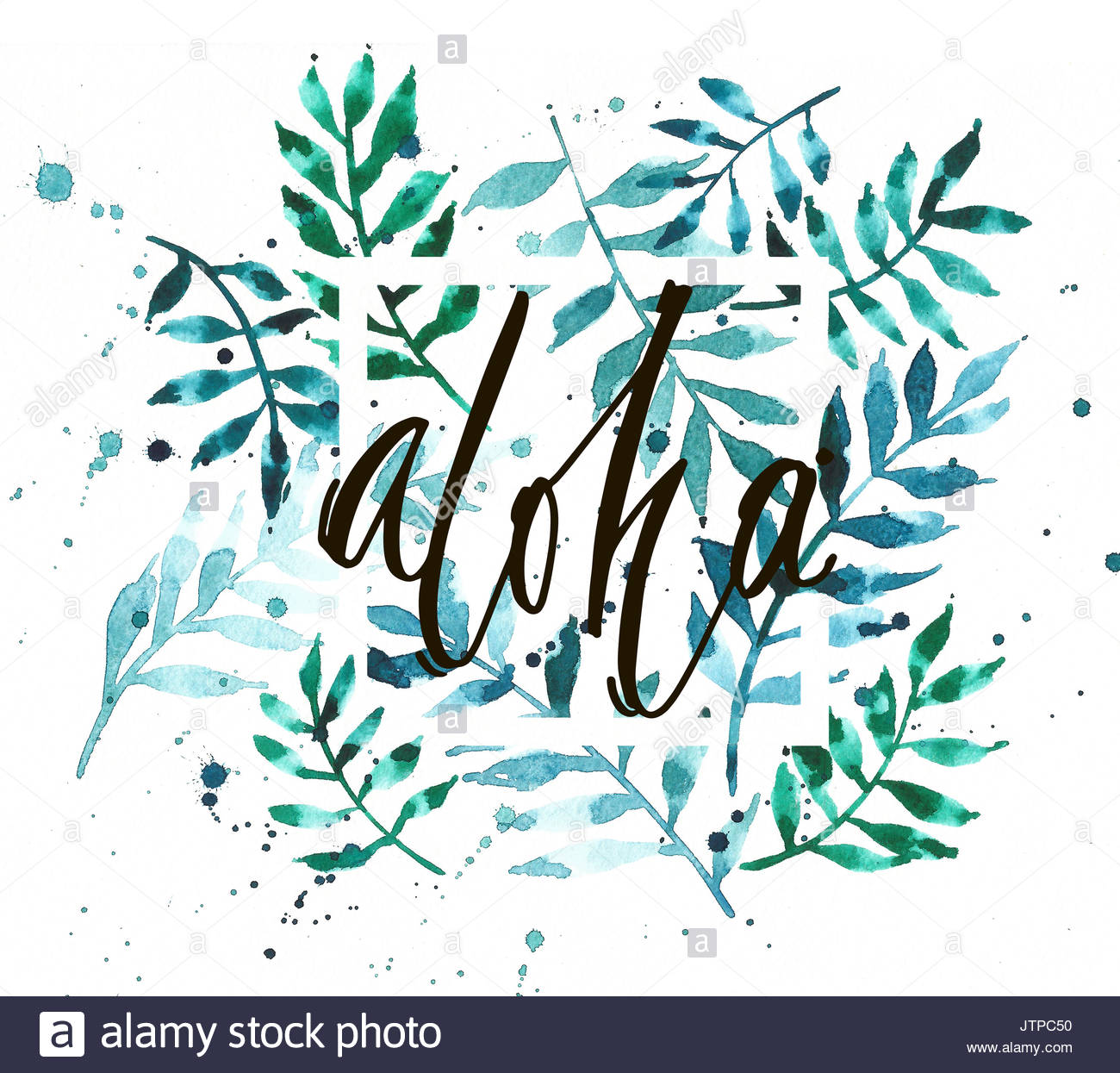 Vintage Watercolor Palm Leaves Background With Word Aloha Stock