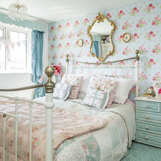 Country Bedroom With Blue Floral Wallpaper Decorating