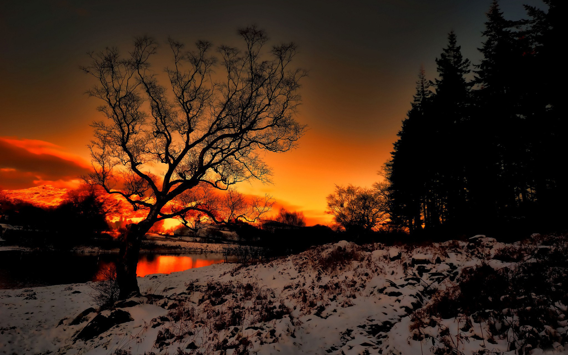 Sunset River Snow Landscape Wallpaper