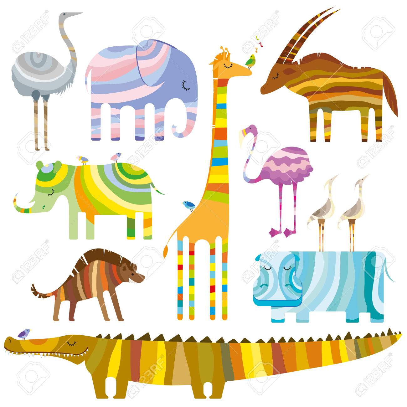 Some Colourful African Animals In Dreamtime On White Background