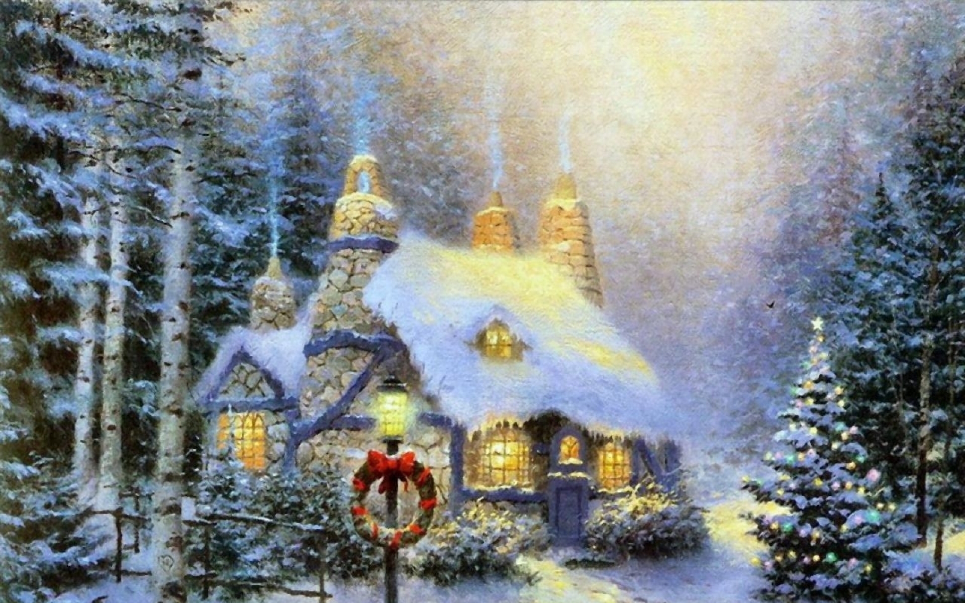 Winter Christmas Thomas Kinkade Cottage Wallpaper