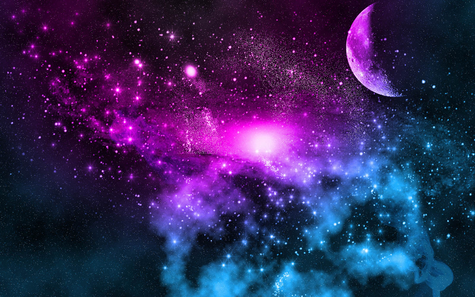 Vivid purple and blue nebula with a crescent moon, perfect for a galaxy desktop wallpaper