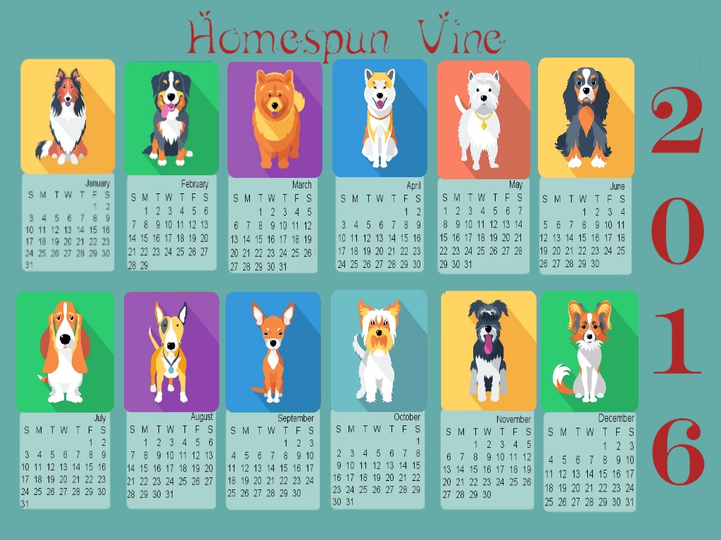 2016 Doggies Desktop Wallpaper With Calendar Homespun Vine