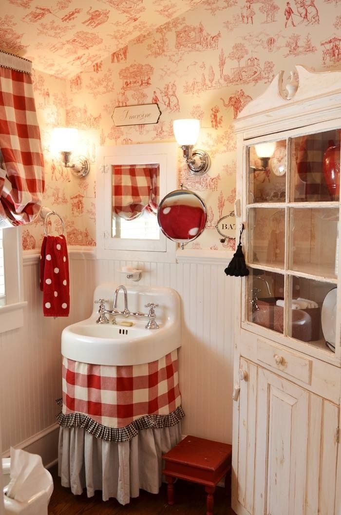 Red Bathroom With Toile Wallpaper Country French Decor