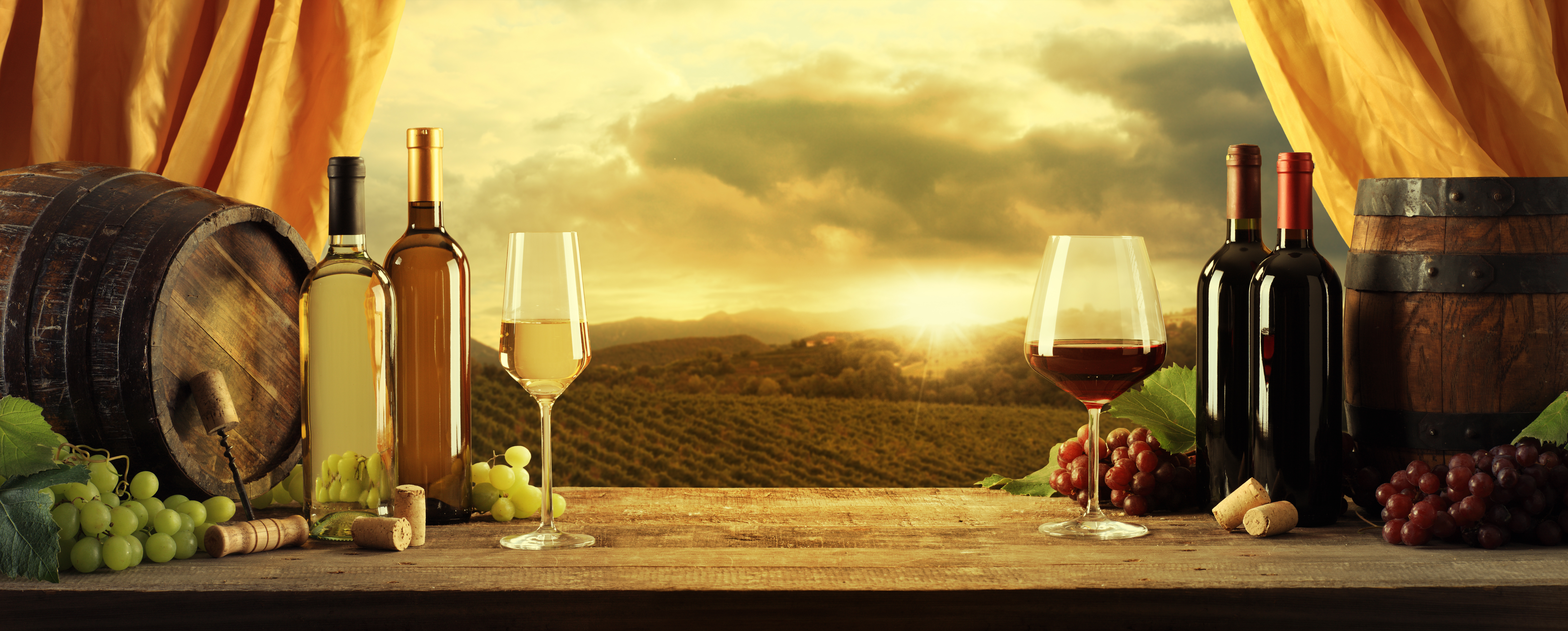 Wallpaper barrels grapes corkscrew wine white red glasses cork