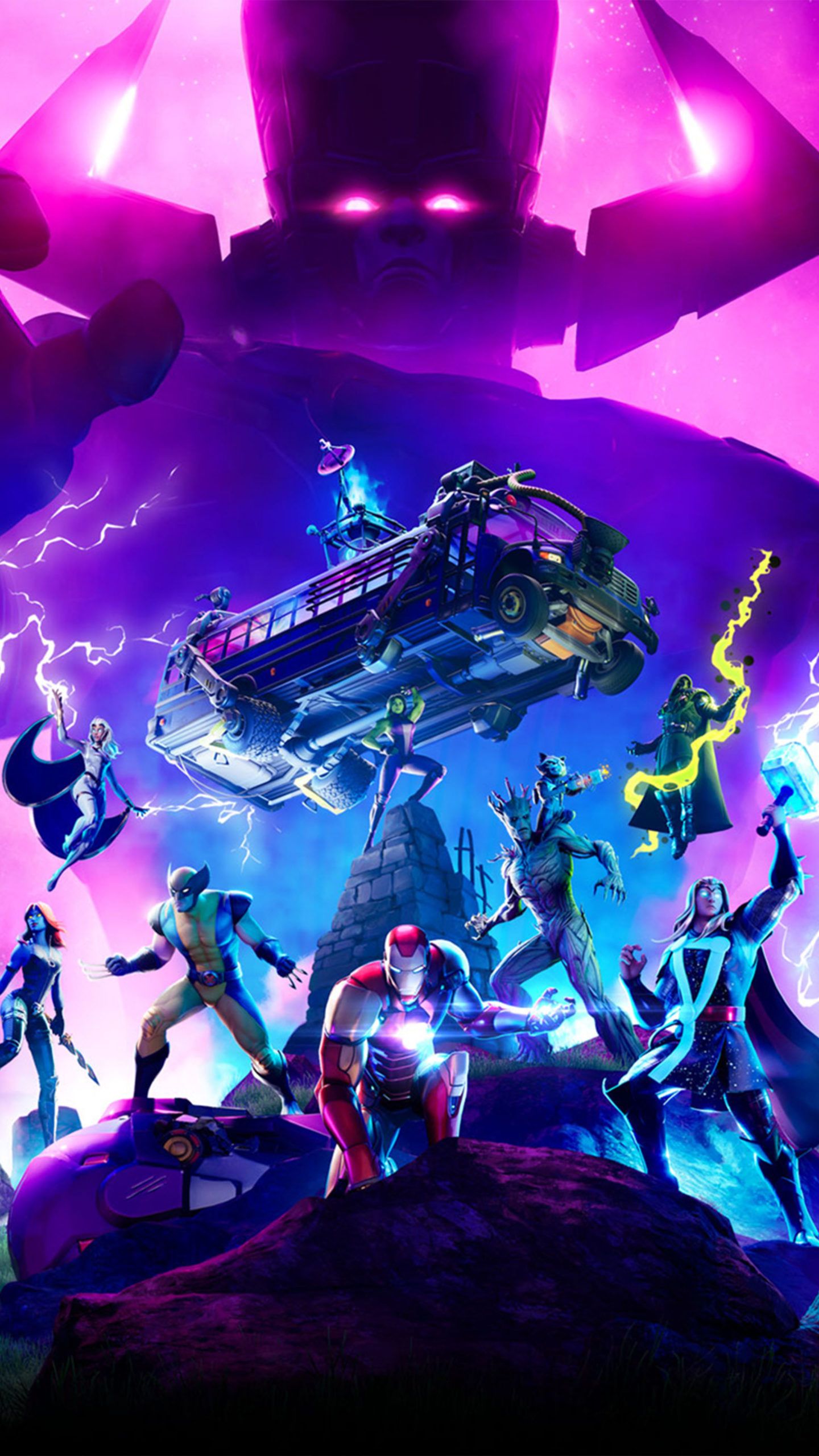 A stunning 4k wallpaper featuring Fortnite characters facing Galactus in a dramatic showdown
